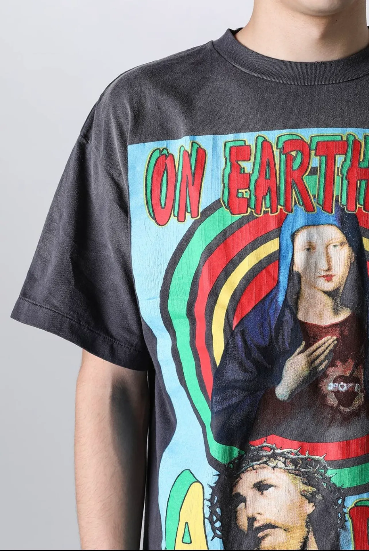 SAINT MICHAEL SS TEE/ON EARTH/BLK Jesus, Mary, Holy Infant Earth TEE Ready-to-wear Assut special piece dyeing, washed and distressed Vintage process, front and rear super complex super large printing, top purchasing agent technology